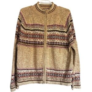 Tiara International Women's Size XL Zip Cardigan Tan & Purple Nordic Cottagecore